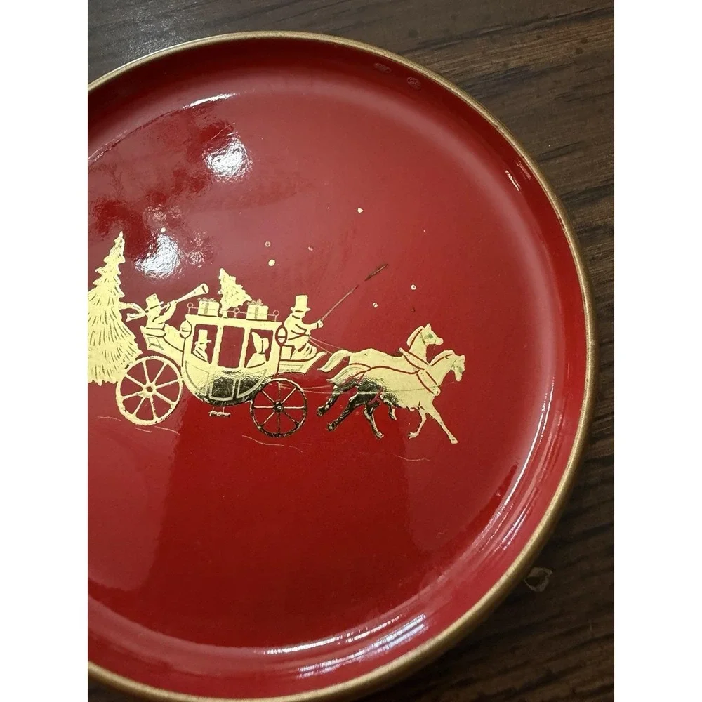 Vintage 1960s-70s Christmas Coasters Red Gold Horse Carriage Elegant